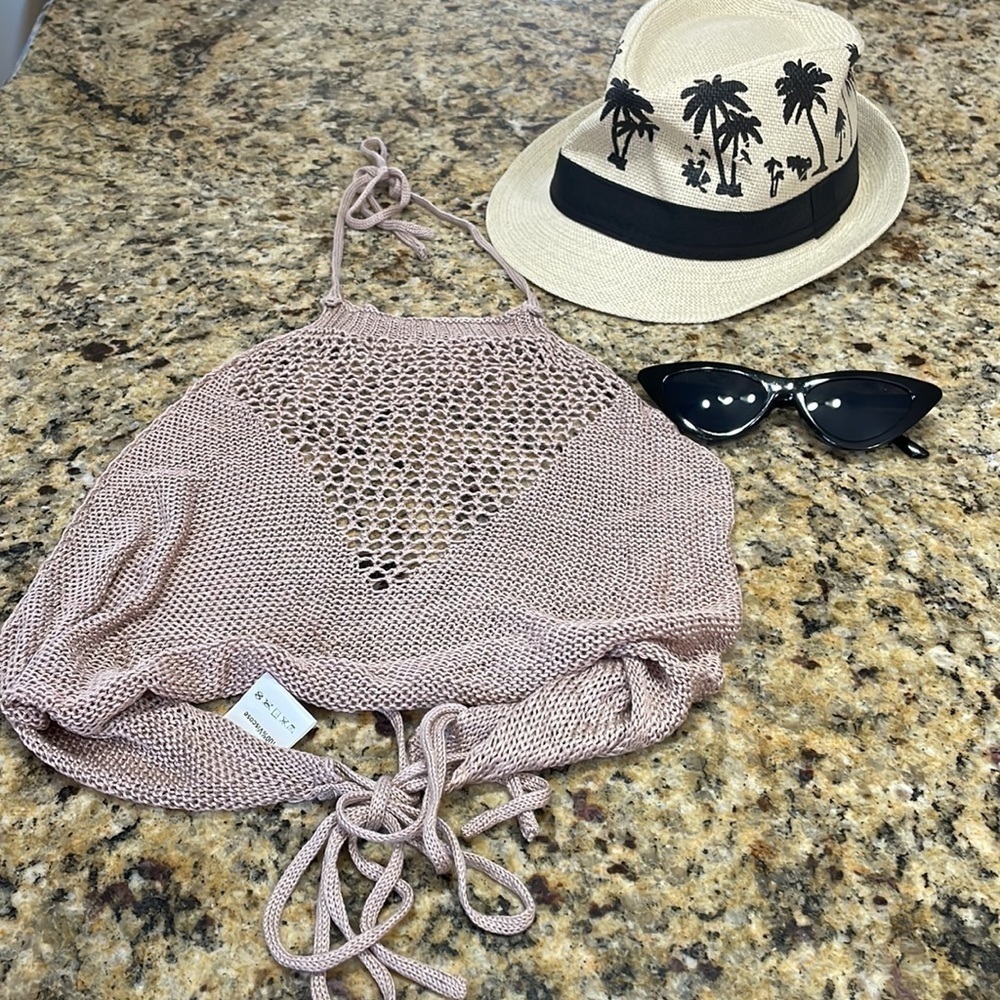 Nude Crochet Bathing Suit  Cover Up Crop Top - Picture 15 of 17